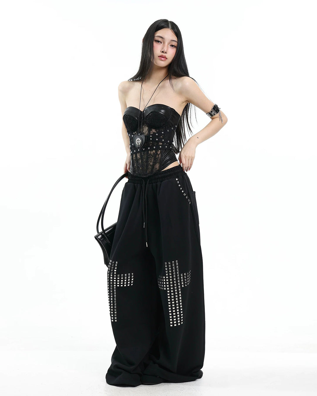 LACE STUDDED BONED BUSTIER TOPS - BLACK