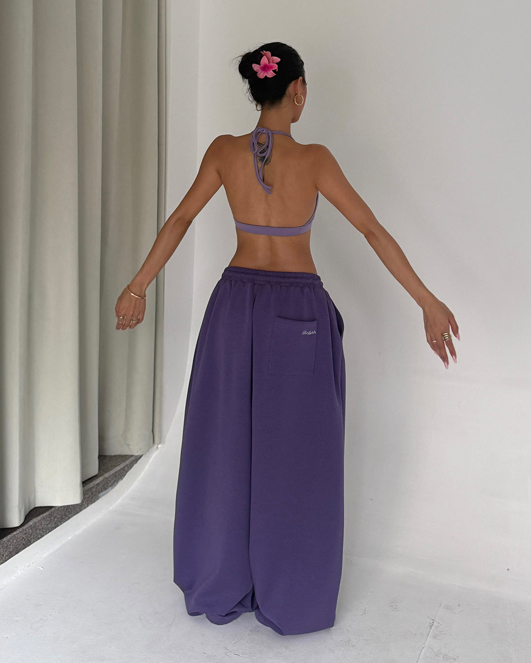 LOGO EMBROIDERY WIDE-LEG SWEATPANTS - PURPLE