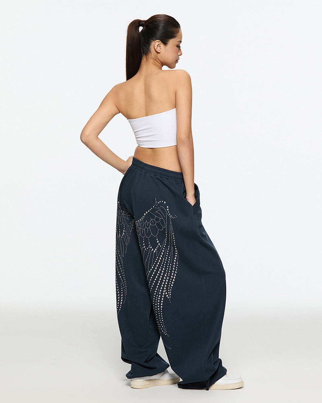 WING RHINESTONE SWEATPANTS - NAVY BLUE