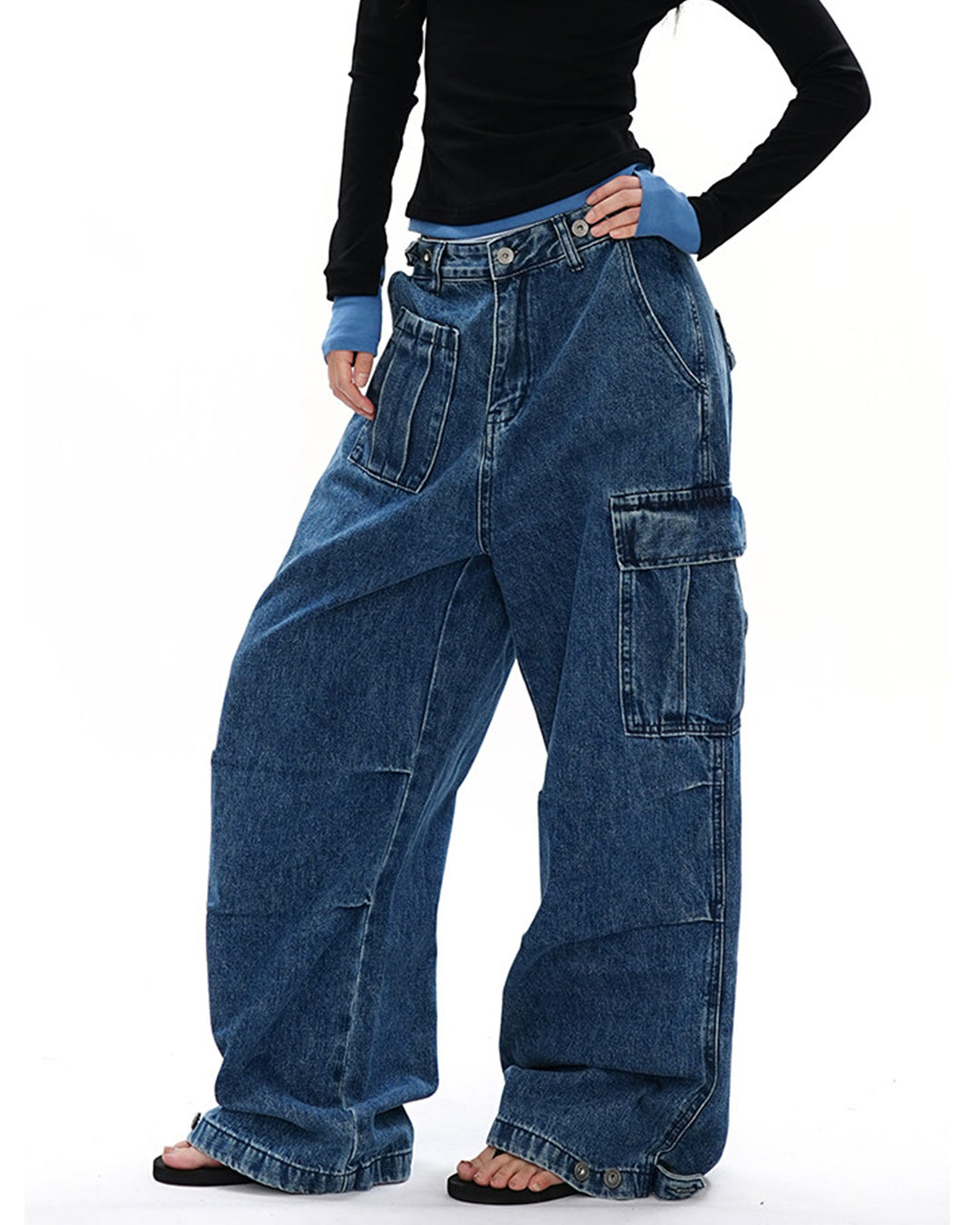 MULTI-POCKET CARGO DENIM JEANS - BLUE