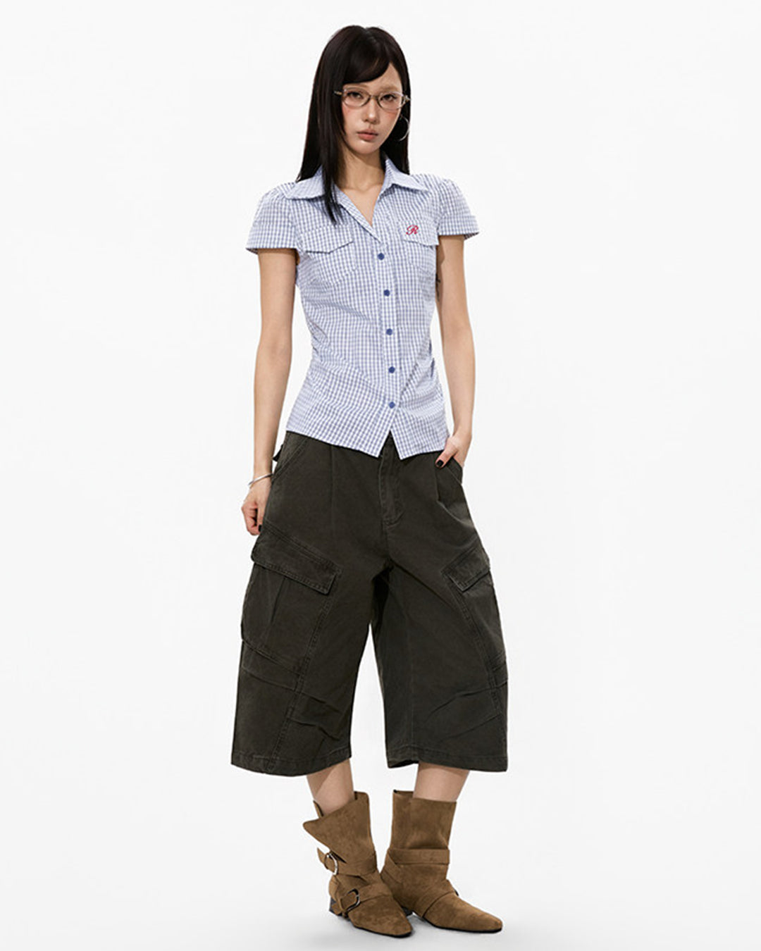 PLAID WAIST-CINCH SHORT SLEEVE SHIRTS - BLUE