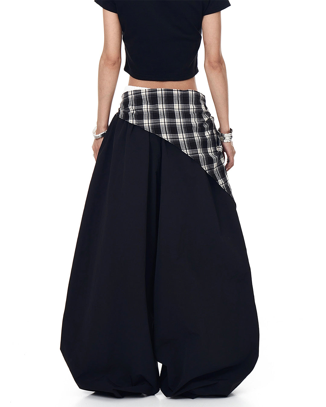 PLAID APRON LAYERED PARACHUTE PANTS - BLACK