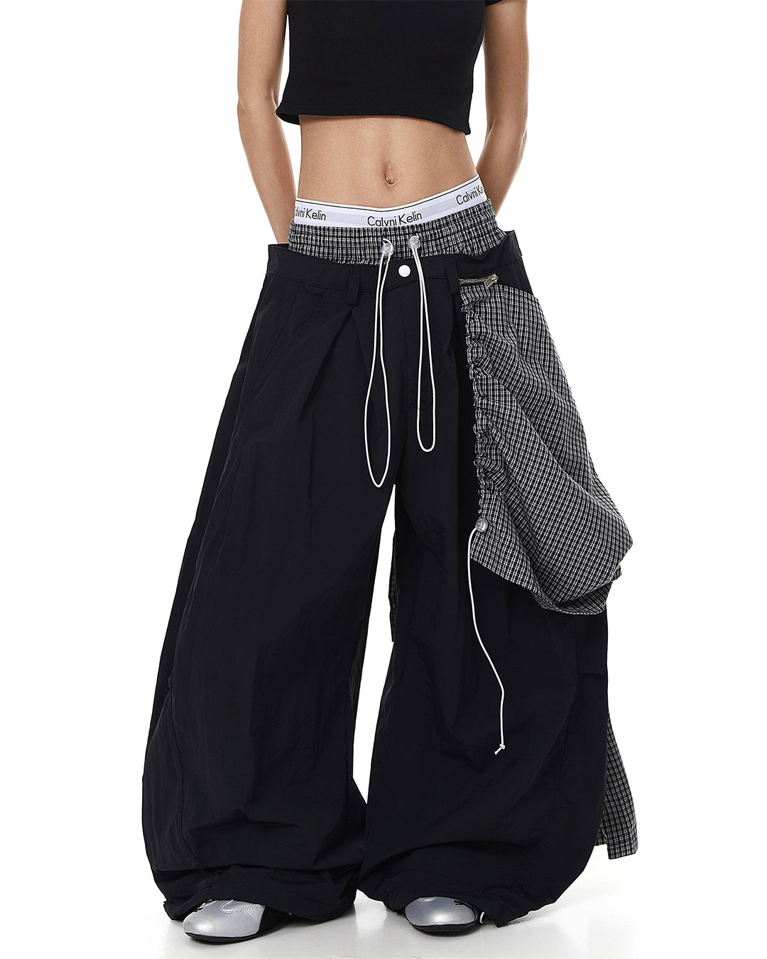 DOUBLE WAIST PLAID APRON PARACHUTE PANTS - BLACK