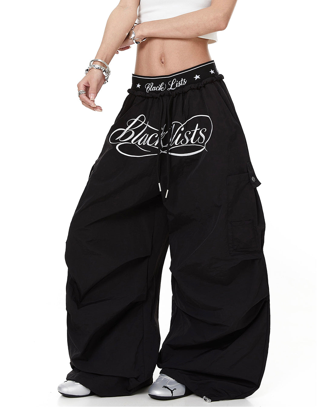 DOUBLE WAIST EMBROIDERED LETTER PARACHUTE PANTS - BLACK