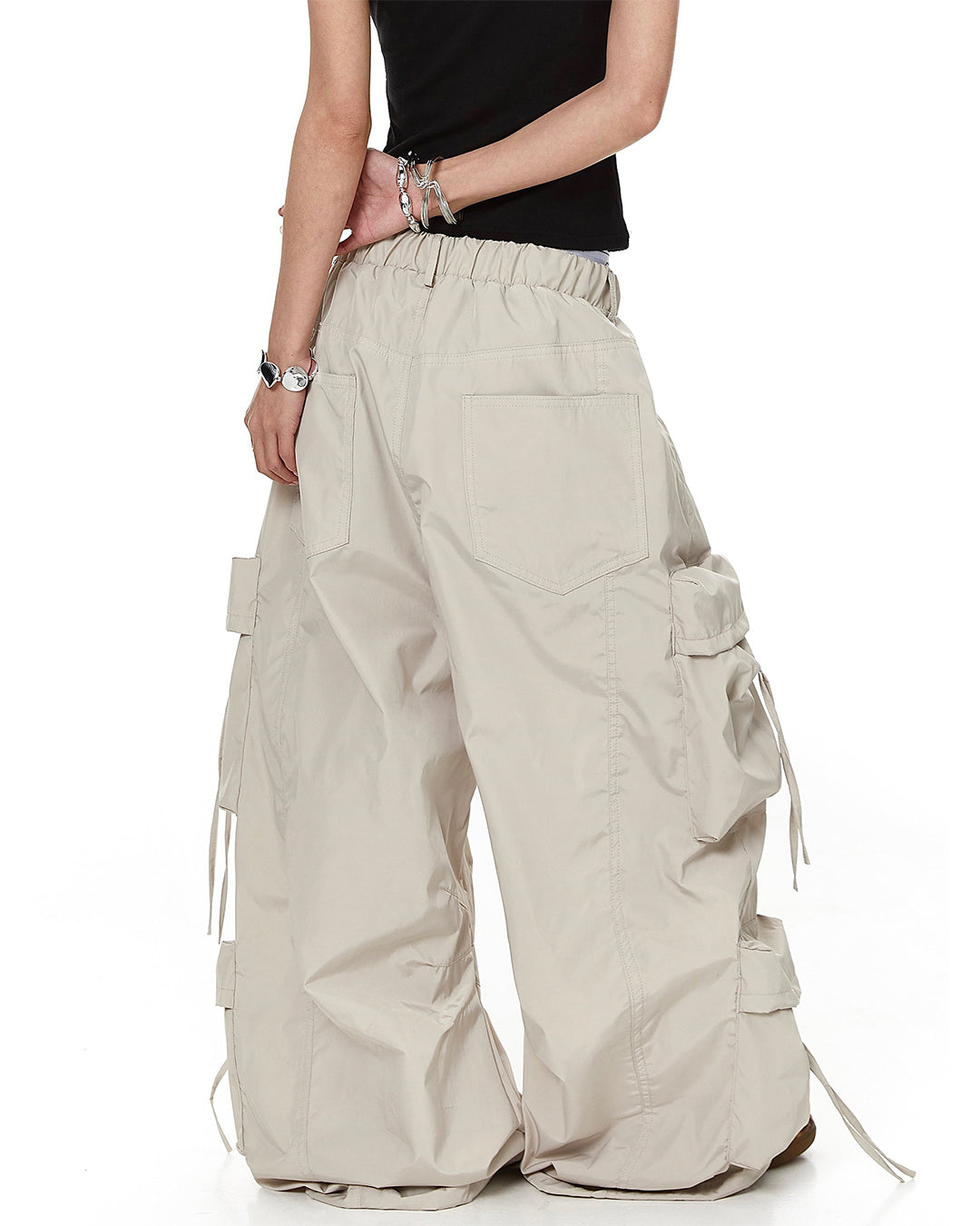 LEOPARD LETTER EMBROIDERY PARACHUTE PANTS - KHAKI