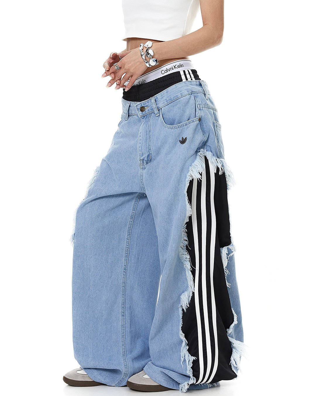 FRAYED EDGE WIDE LEG DENIM PANTS - BLUE