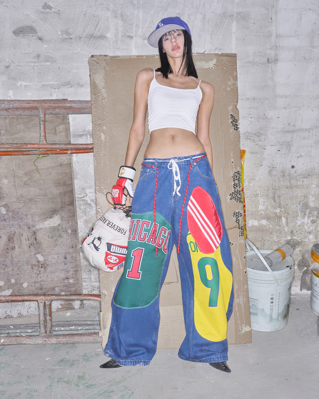GRAFFITI PATCHWORK CURVED LEG JEANS - BLUE