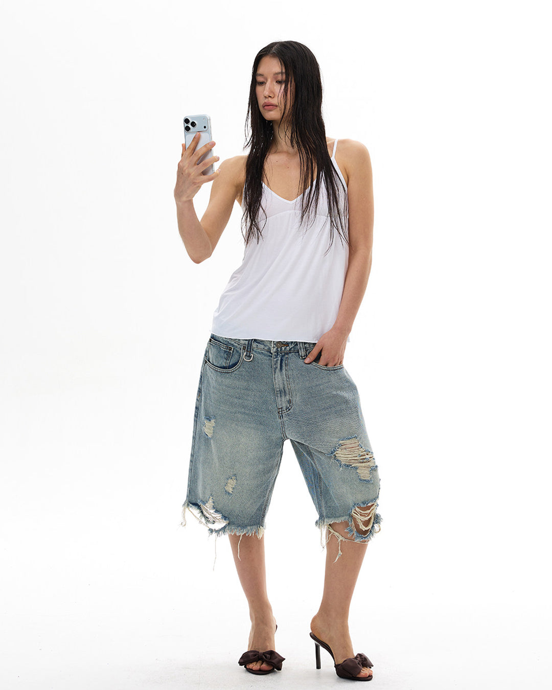 VINTAGE DISTRESSED FRAYED JORTS - BLUE