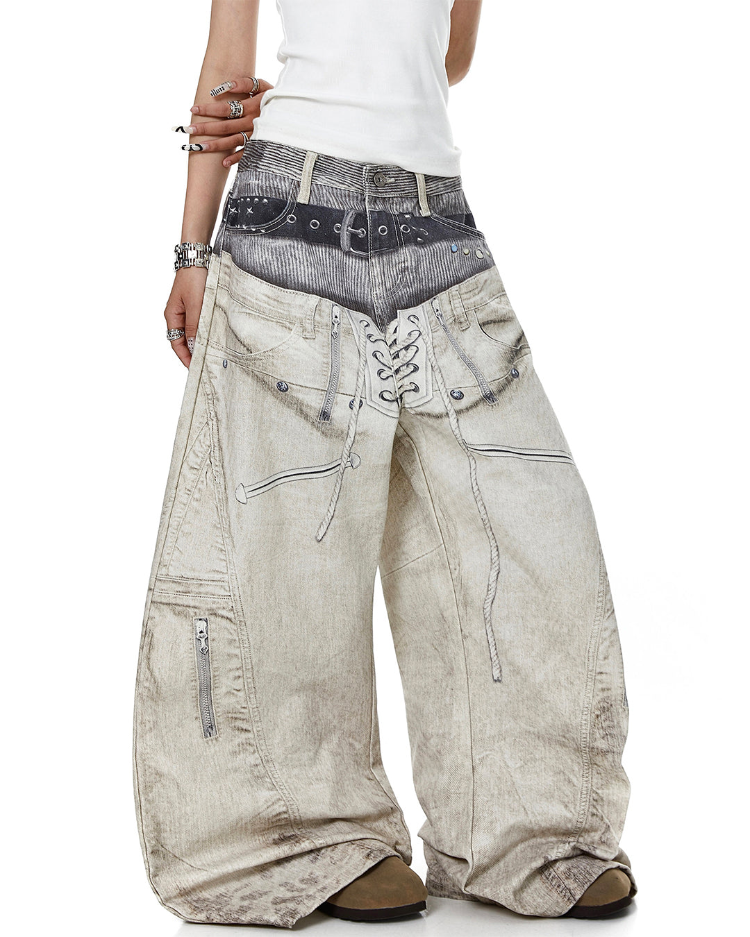 3D PRINT DOUBLE WAIST CURVED JEANS - GREY