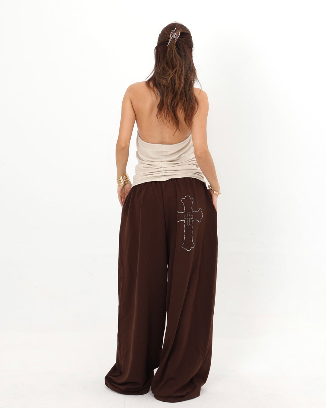 WATER FLOW LOGO RHINESTONE JAZZ PANTS - BROWN