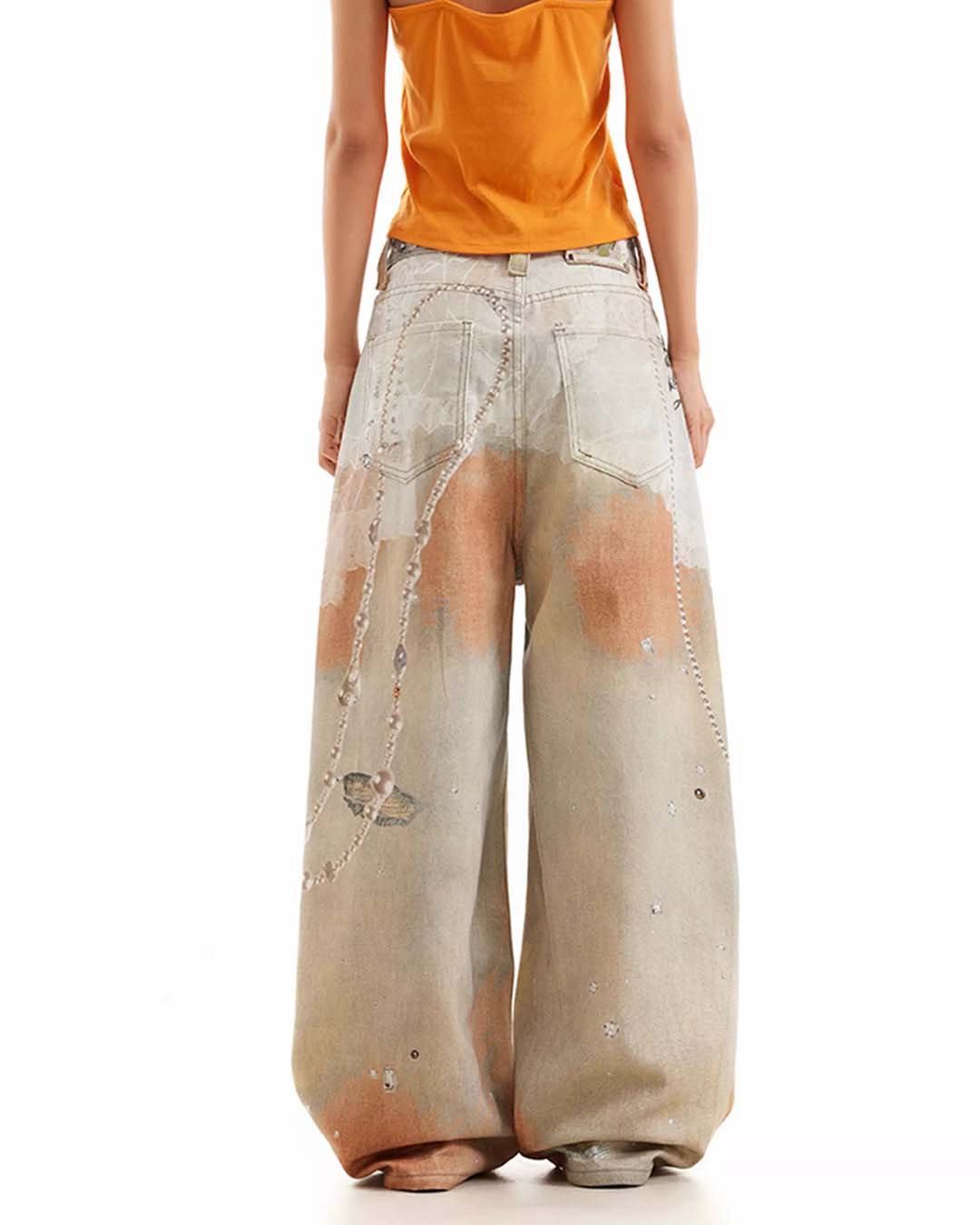 LACE PEARL CHAIN PRINT DENIM JEANS