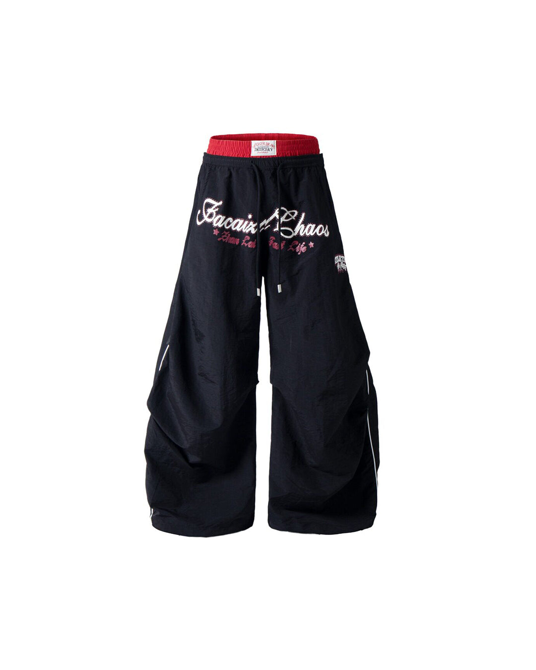 DOUBLE-WAISTBAND LETTER PRINT PARACHUTE PANTS - BLACK