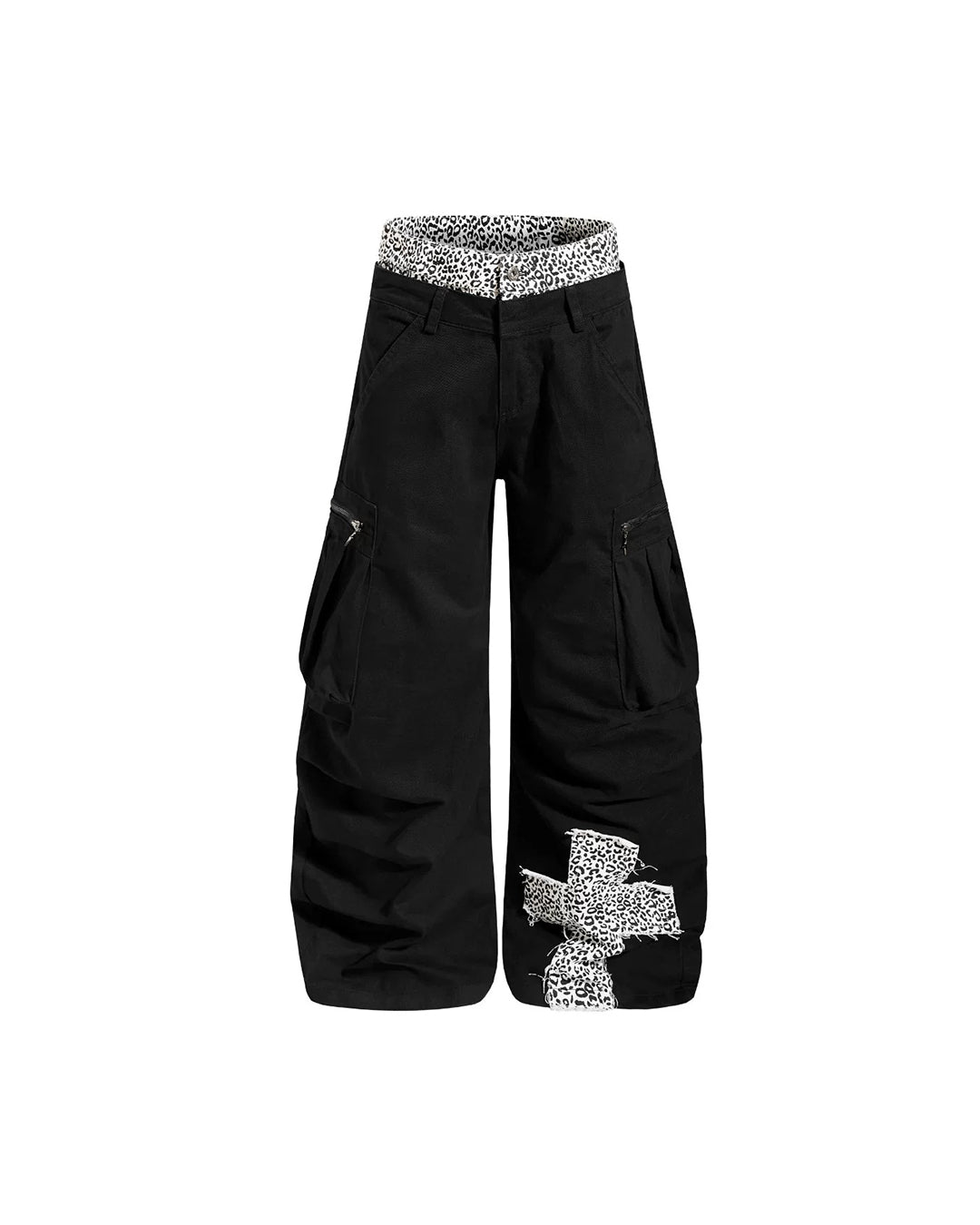 LEOPARD DOUBLE WAISTBAND PATCHWORK CARGO PANTS - BLACK