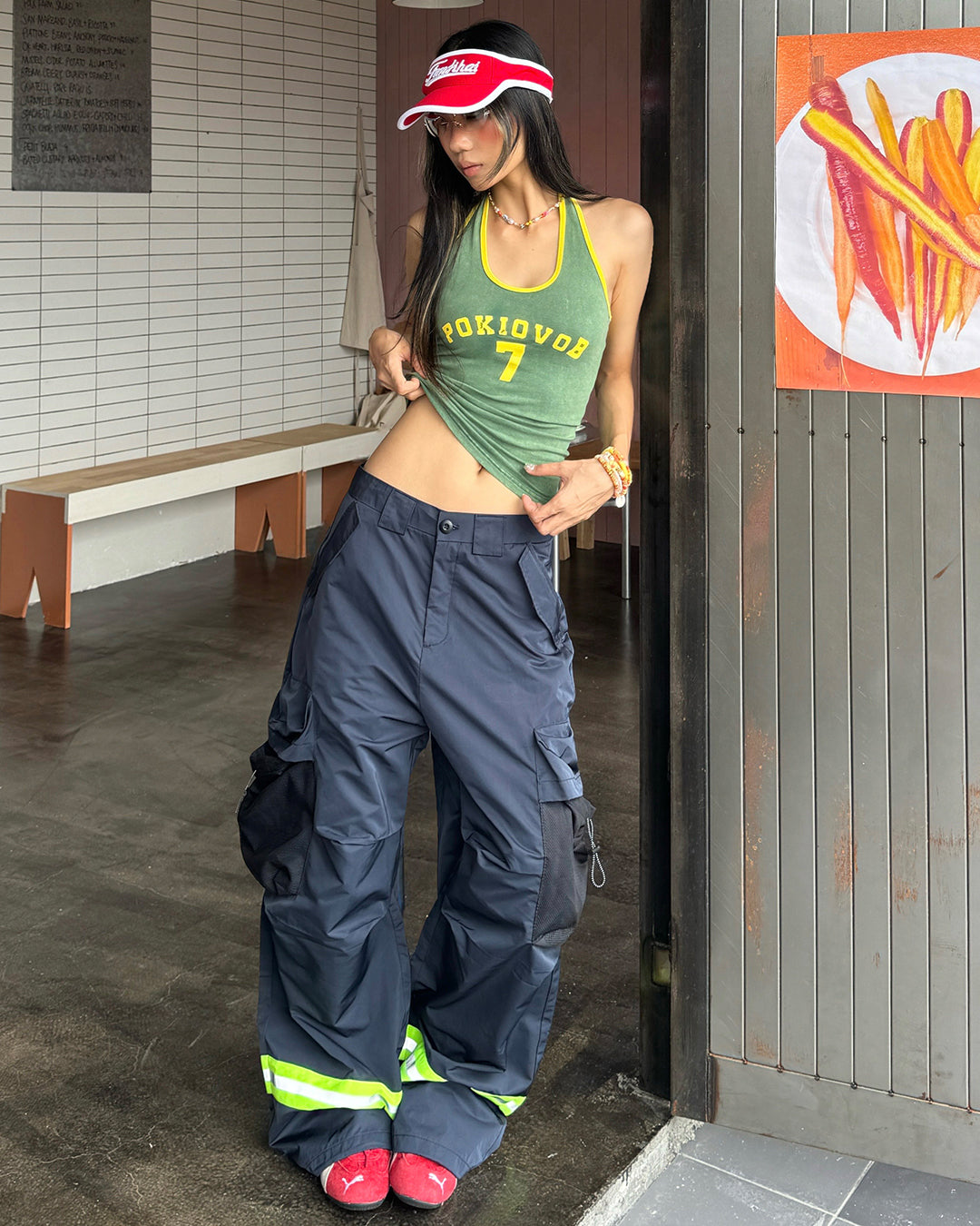 STREETWEAR REFLECTIVE STRIP CARGO PANTS - NAVY BLUE