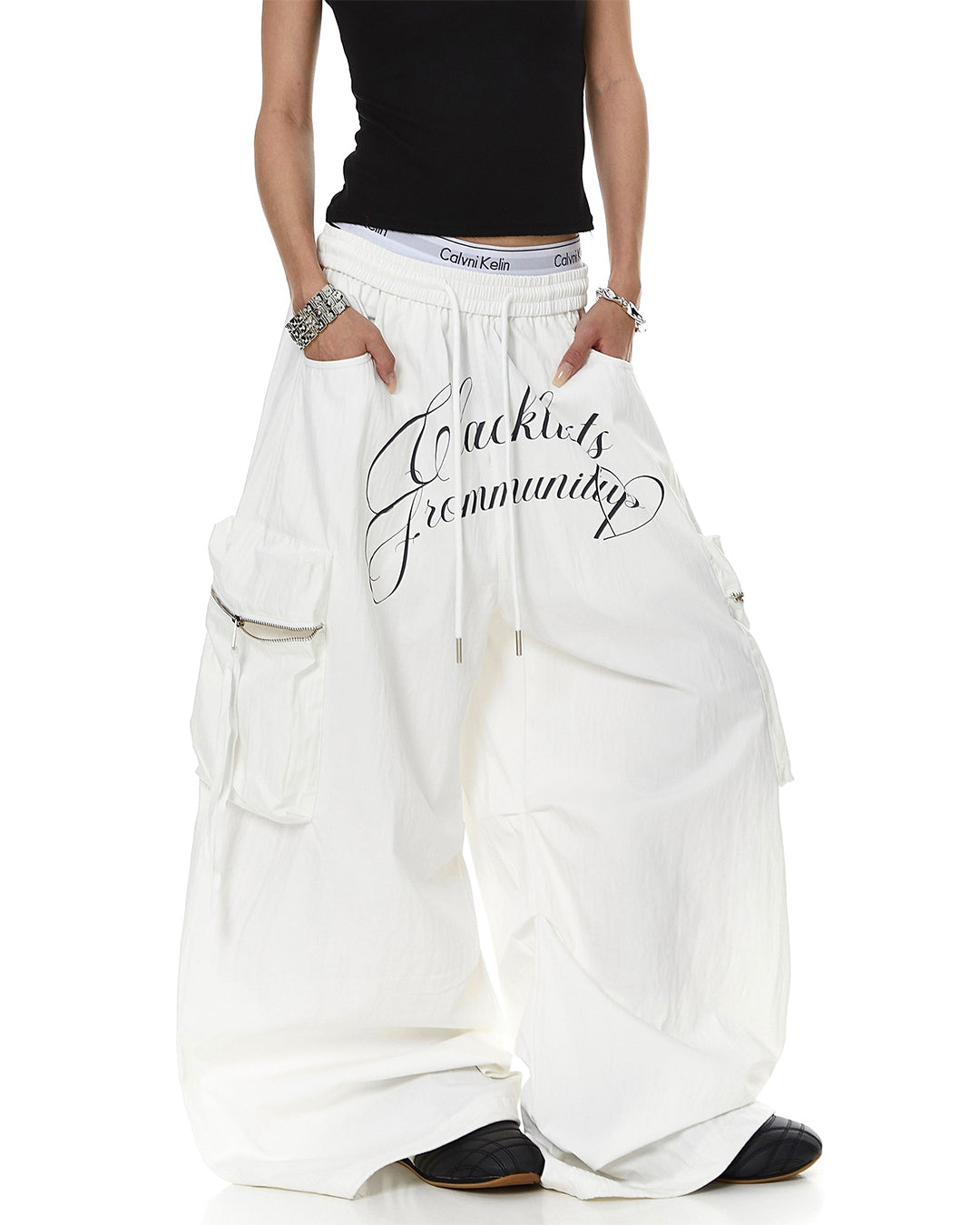 LETTER PRINT MULTI-POCKET PARACHUTE CARGO PANTS - WHITE