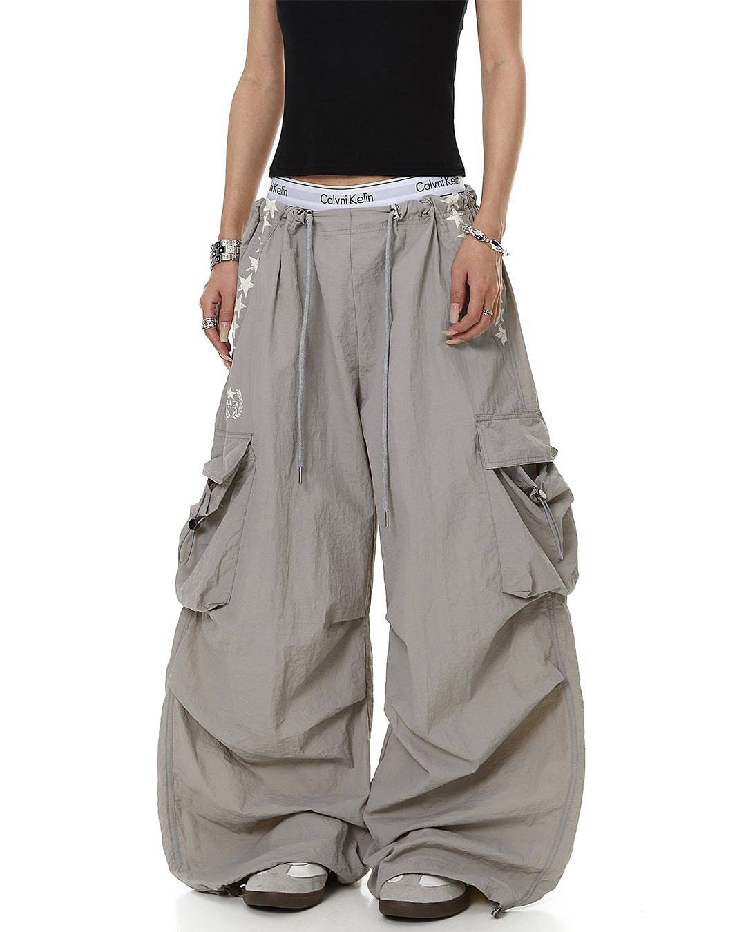 STAR PRINT PLEATED QUICK-DRY CARGO PANTS - GREY