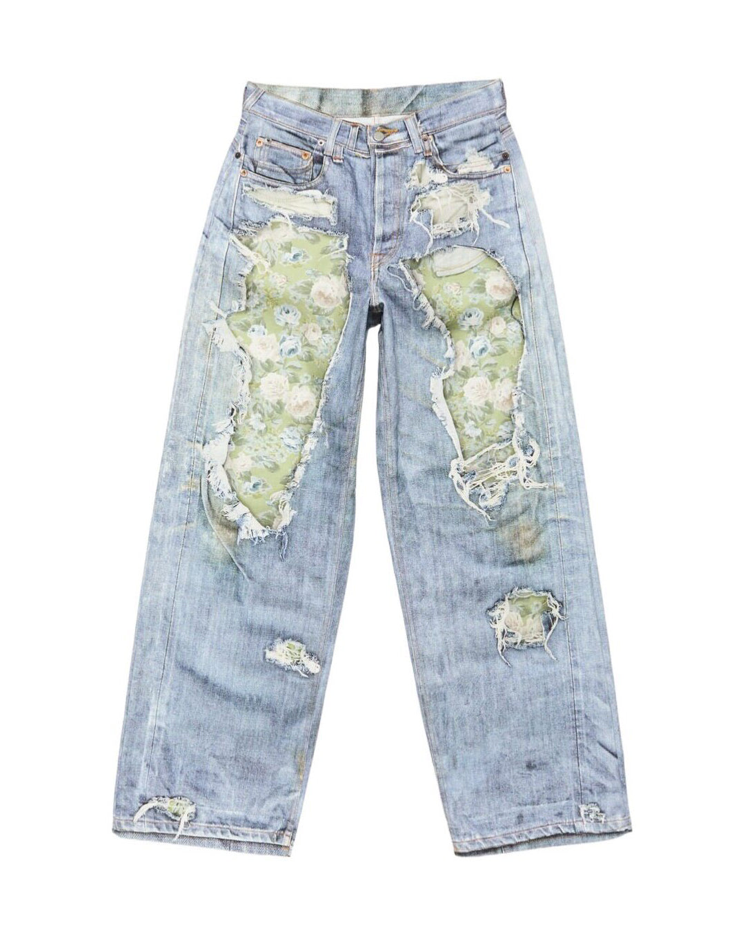 MID-SUMMER ROSE 3D WHISKER-WASHED DISTRESSED JEANS - BLUE