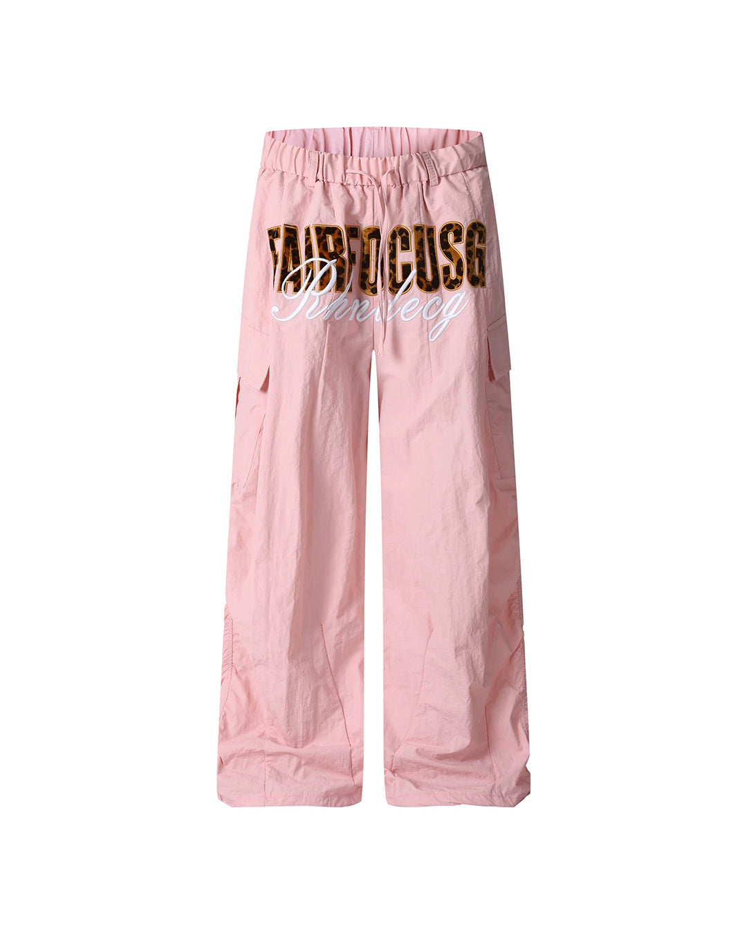 LEOPARD LETTER EMBROIDERY PARACHUTE PANTS - PINK