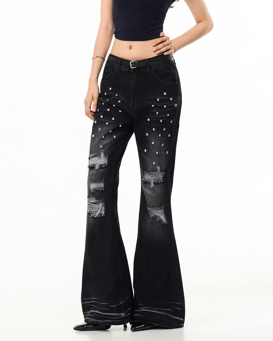 GOTHIC RIVET-STUDDED DISTRESSED FLARE JEANS - BLACK