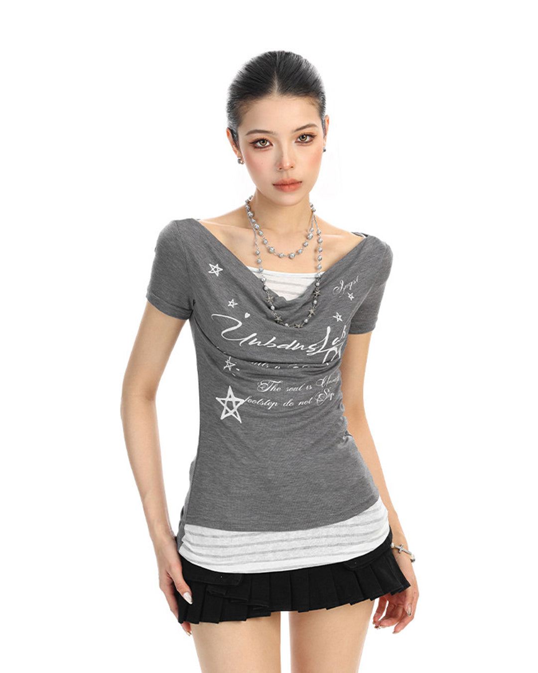 GRAPHIC LETTER LAYERED-LOOK DRAPED T-SHIRTS - GREY