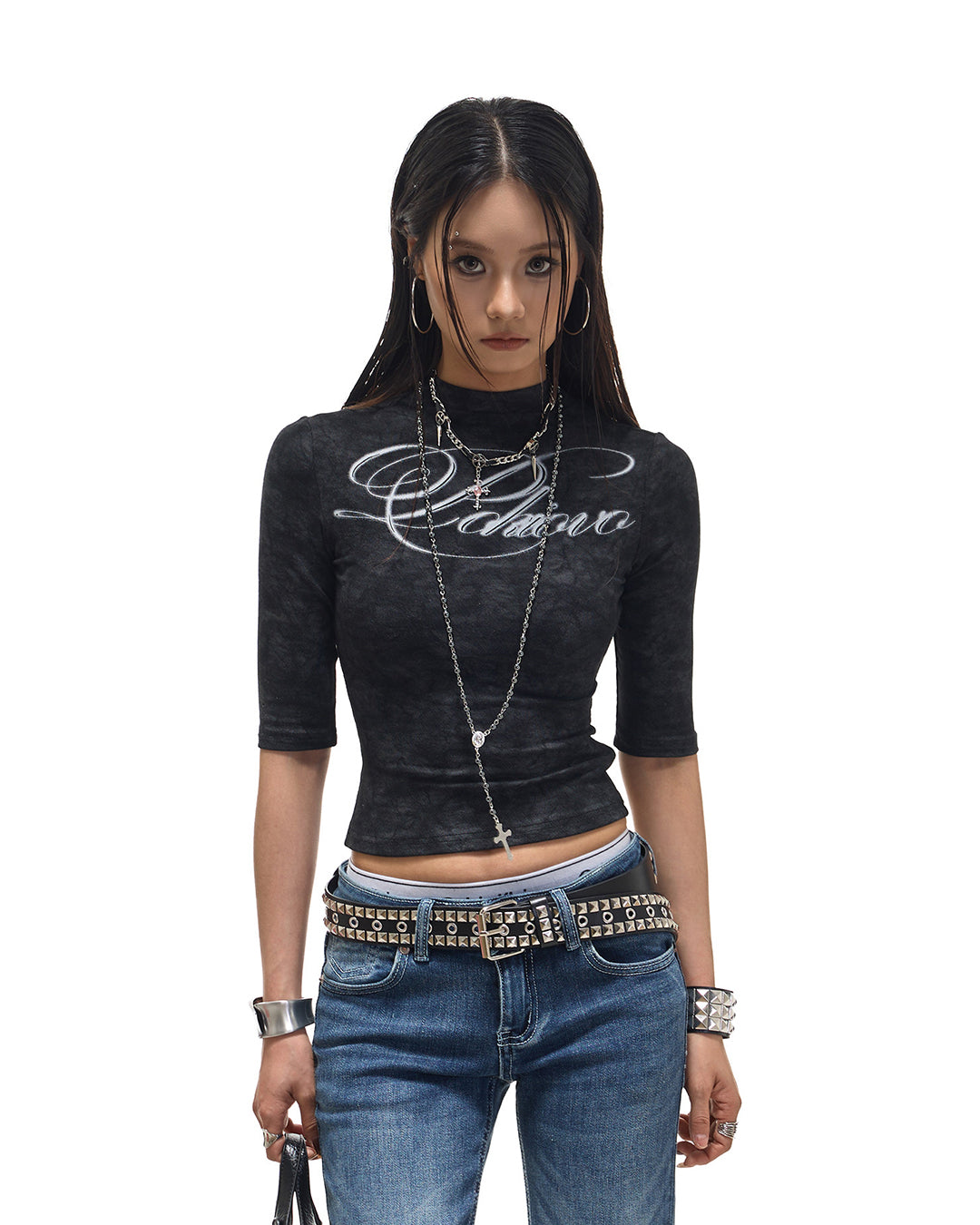DISTRESSED MARBLE TEXTURE 3/4 SLEEVE T-SHIRTS - BLACK
