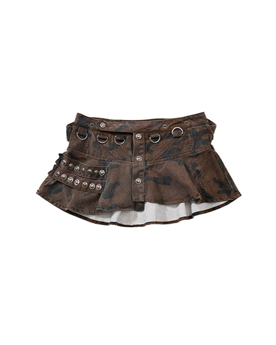 CAMO WASHED DISTRESSED RUFFLE MINI SKIRTS - BROWN