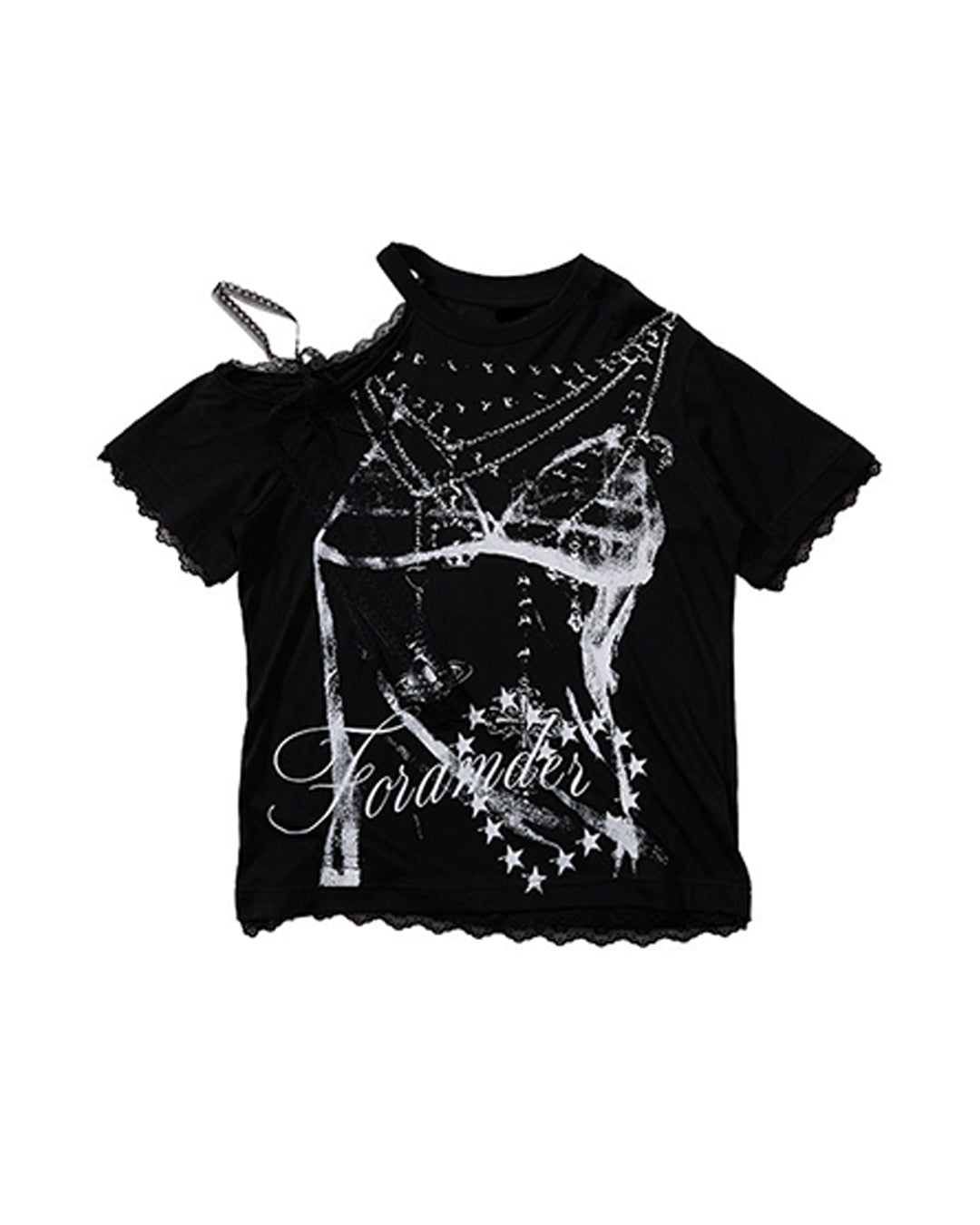 BIKINI PRINT LACE PANEL OFF-SHOULDER T-SHIRTS - BLACK