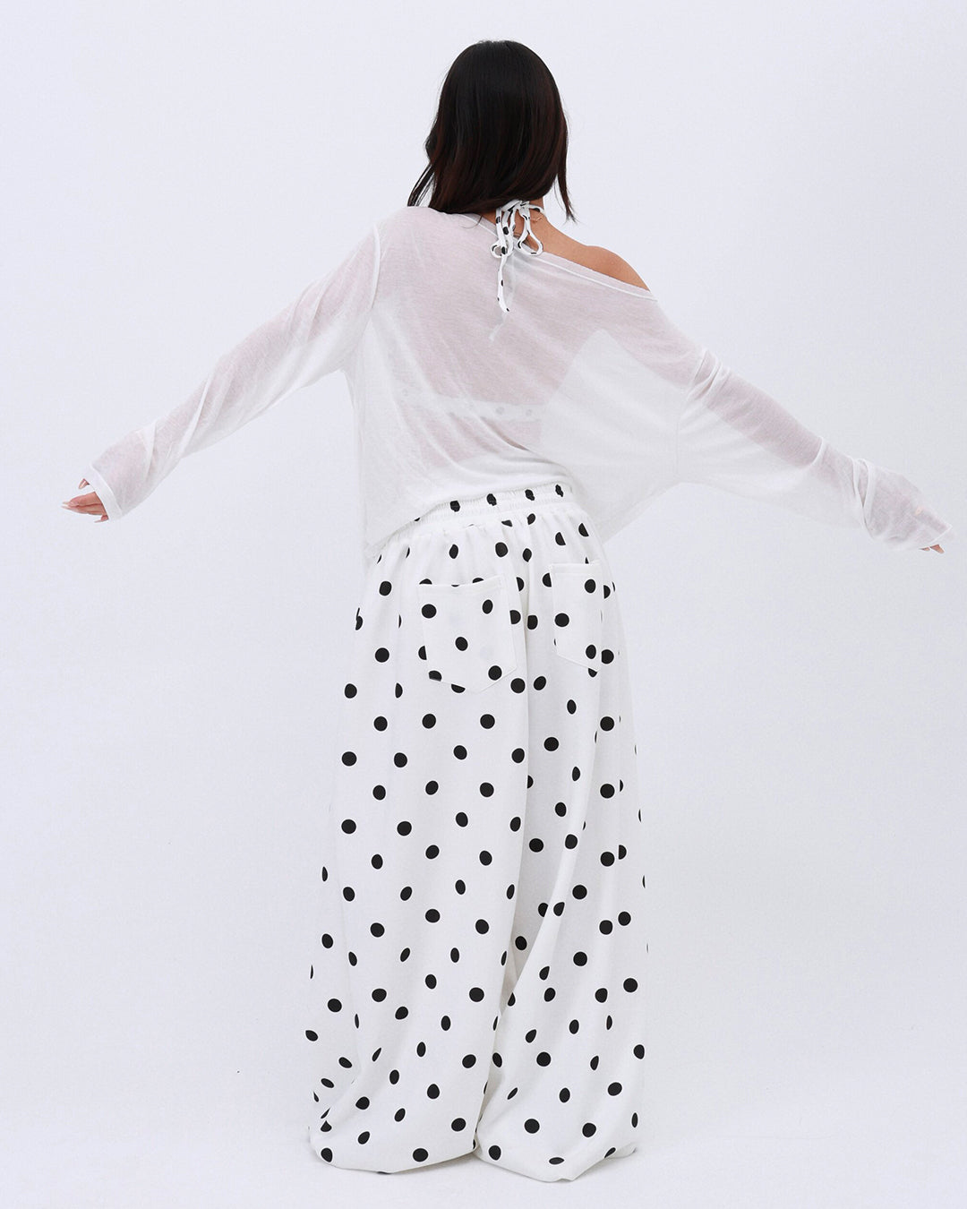 ALL-OVER POLKA DOT LOOSE FIT CASUAL PANTS - WHITE