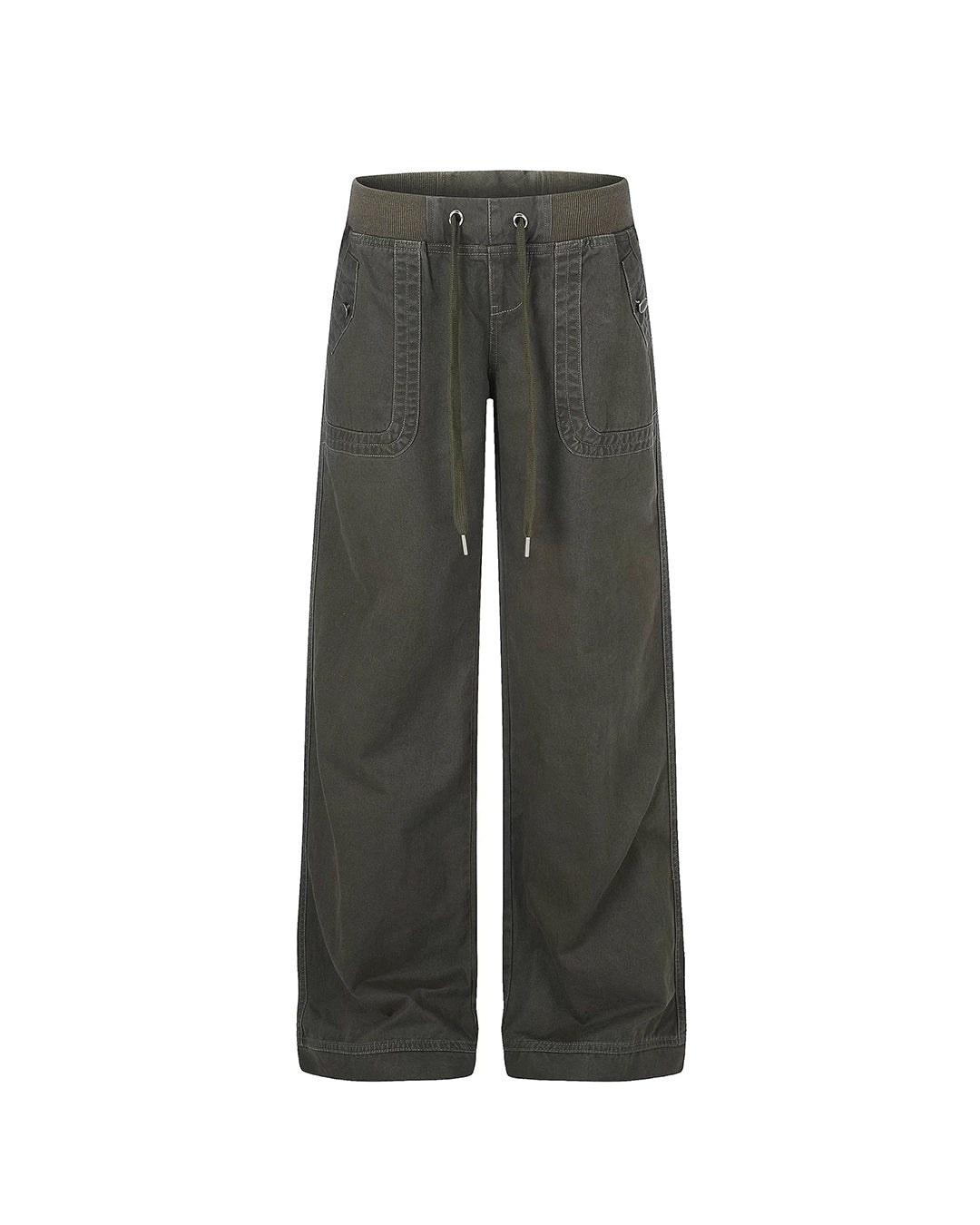 DRAWSTRING LOW-RISE SLIGHT FLARE CARGO PANTS - ARMY GREEN