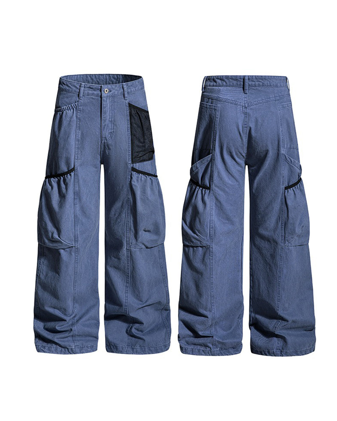 MESH BAG PATCHWORK MULTI-POCKET CARGO PANTS - BLUE