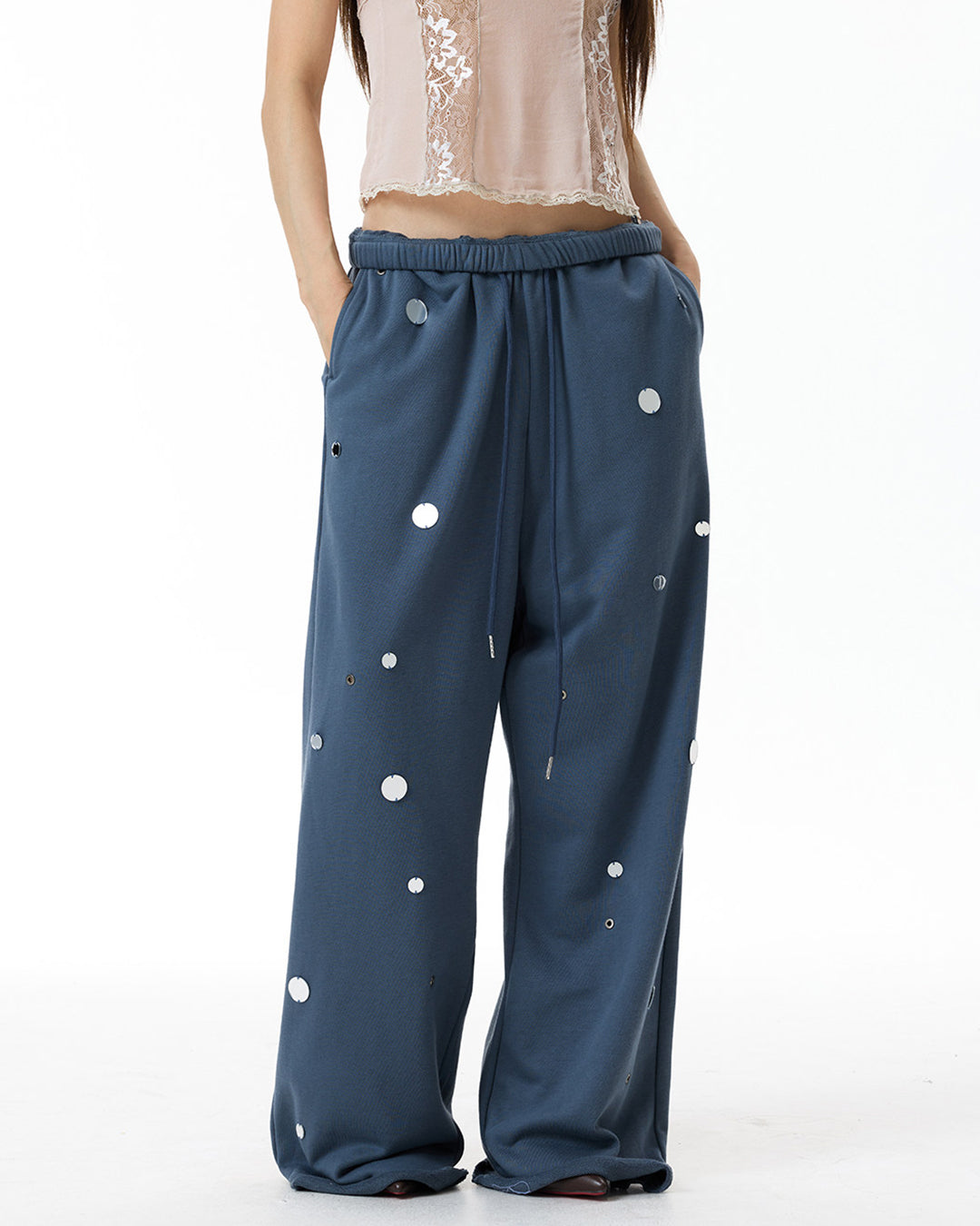 DISTRESSED SEQUIN STRAIGHT-LEG SWEATPANTS - MISTY BLUE