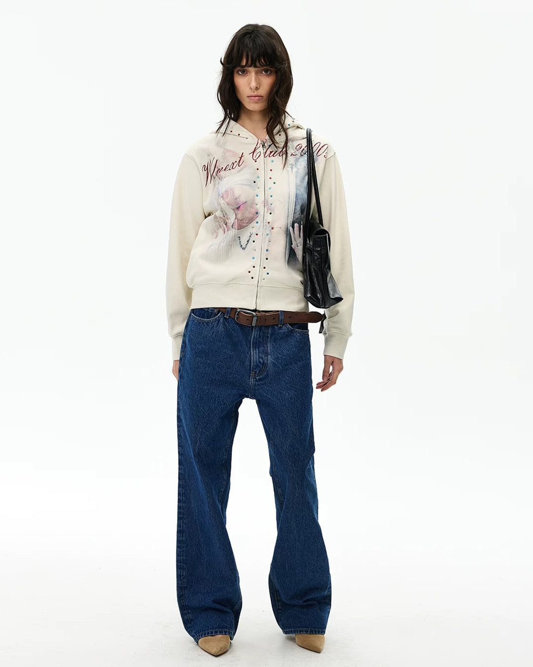 CROPPED RHINESTONE ZIP-UP HOODIES - Beige