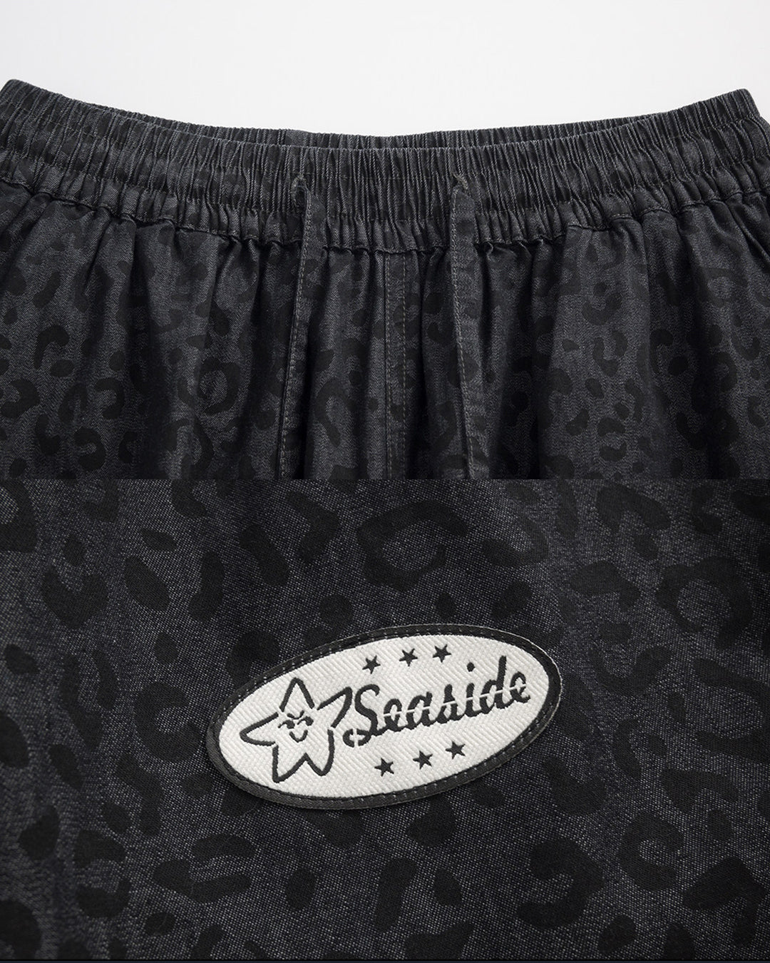 LEOPARD PRINT WIDE LEG DANCE DENIM PANTS - BLACK