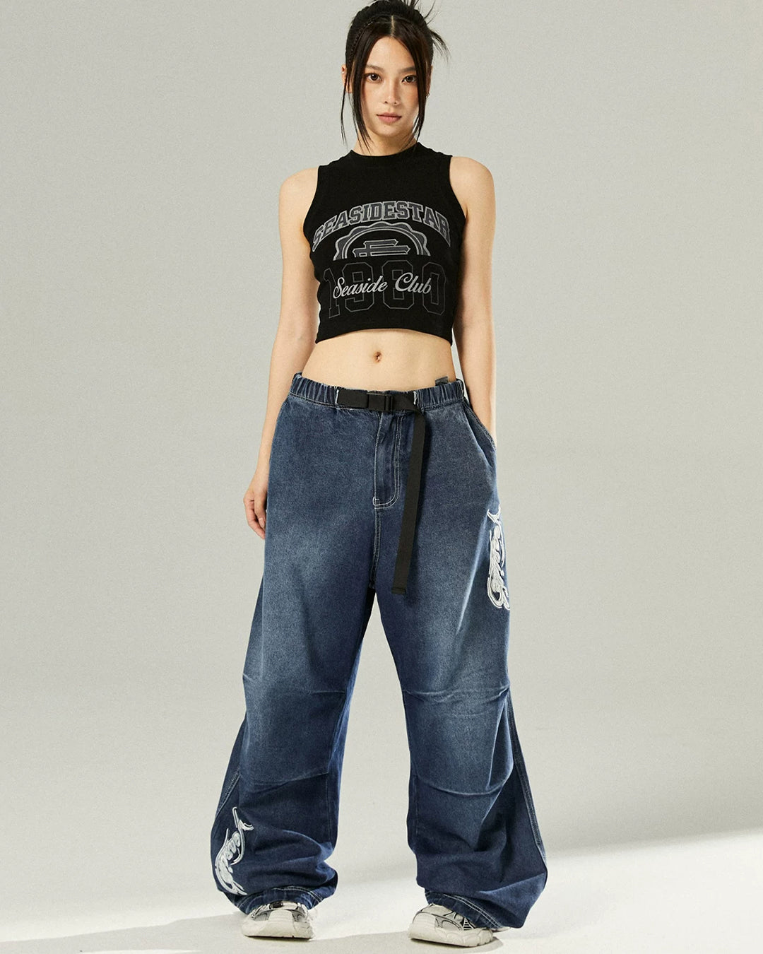 PATCH POCKET DENIM PARACHUTE PANTS - DEEP BLUE