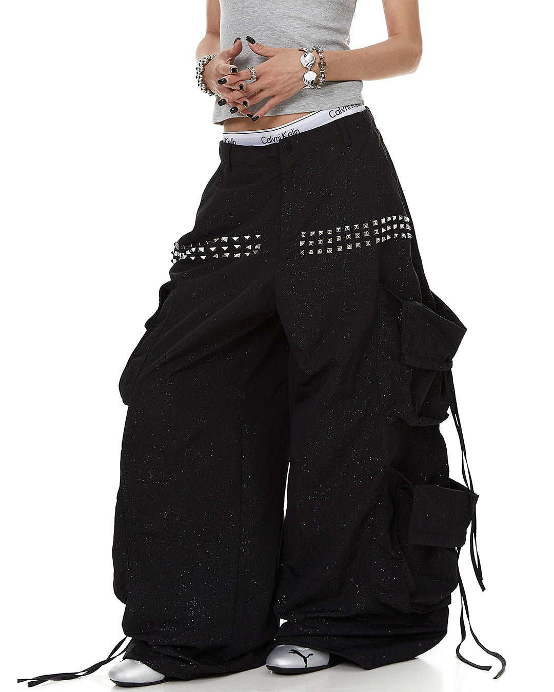 ALL-OVER SEQUIN STUDDED PARACHUTE CARGO PANTS -  BLACK