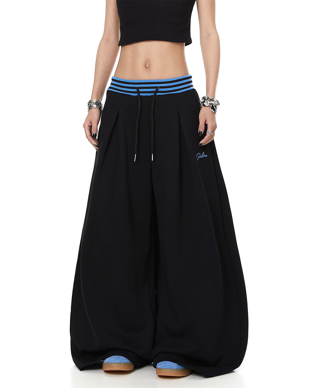 STRIPED WAIST CROSS EMBROIDERED CURVED SWEATPANTS - BLACK