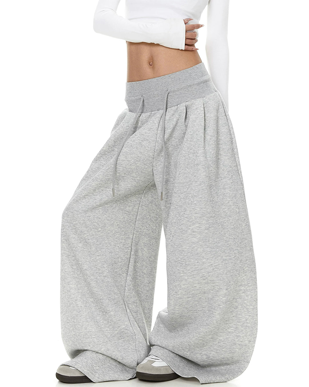 HIGH-WAIST DRAWSTRING CURVED LEG SWEATPANTS - GRAY