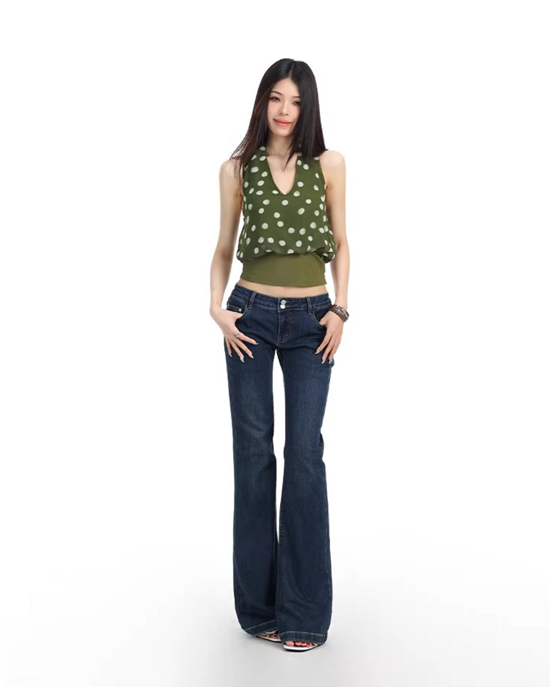 CONTRAST POLKA DOT HALTER TOPS - GREEN