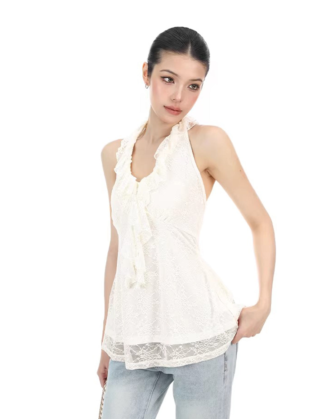 LACE RUFFLE HALTER TANK TOPS - WHITE