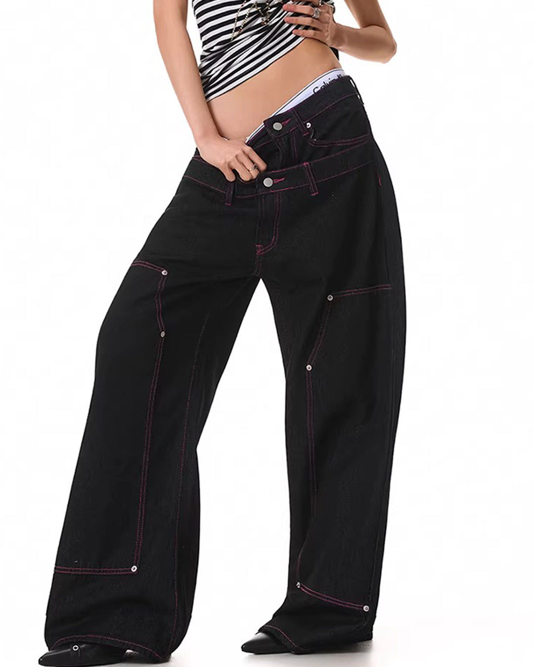 STAR &amp; LETTER PRINT BARREL-LEG JEANS