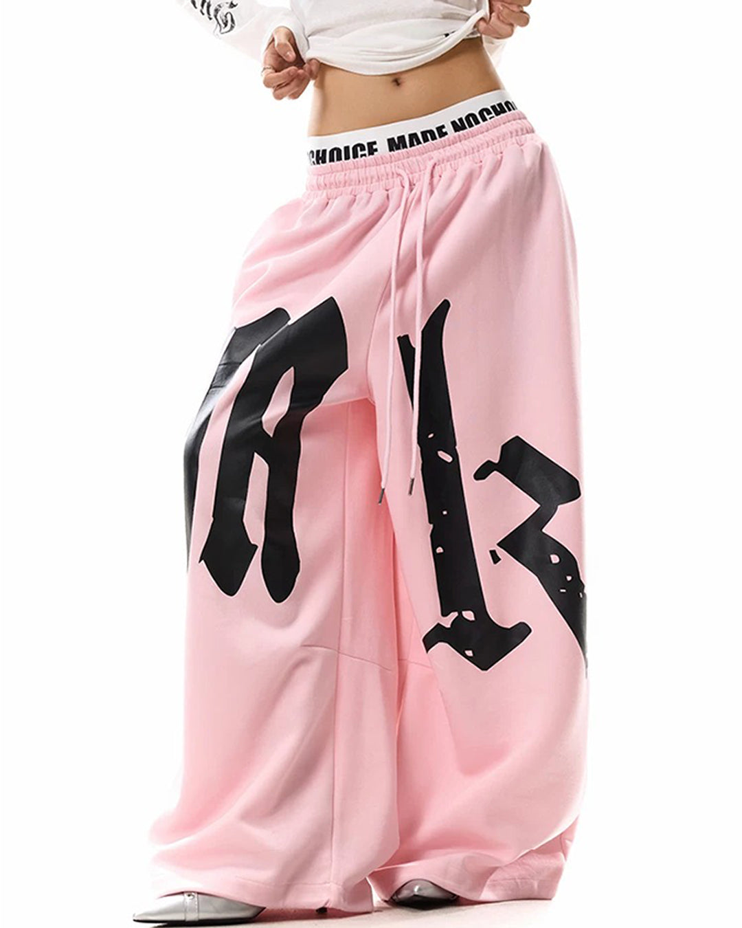 LETTER PRINT DOUBLE WAISTBAND SWEATPANTS - PINK