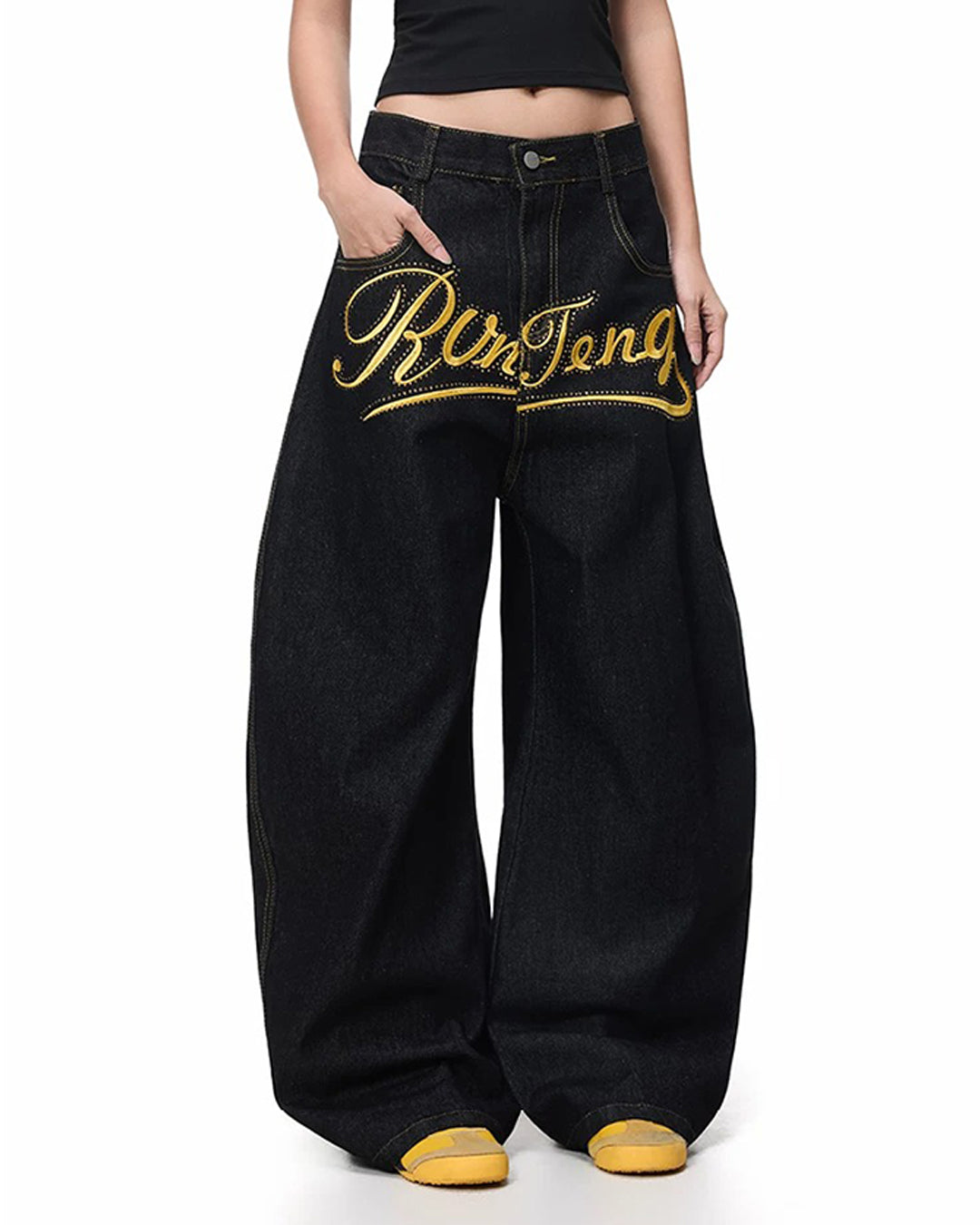 RHINESTONE LETTER EMBROIDERED BARREL-LEG JEANS