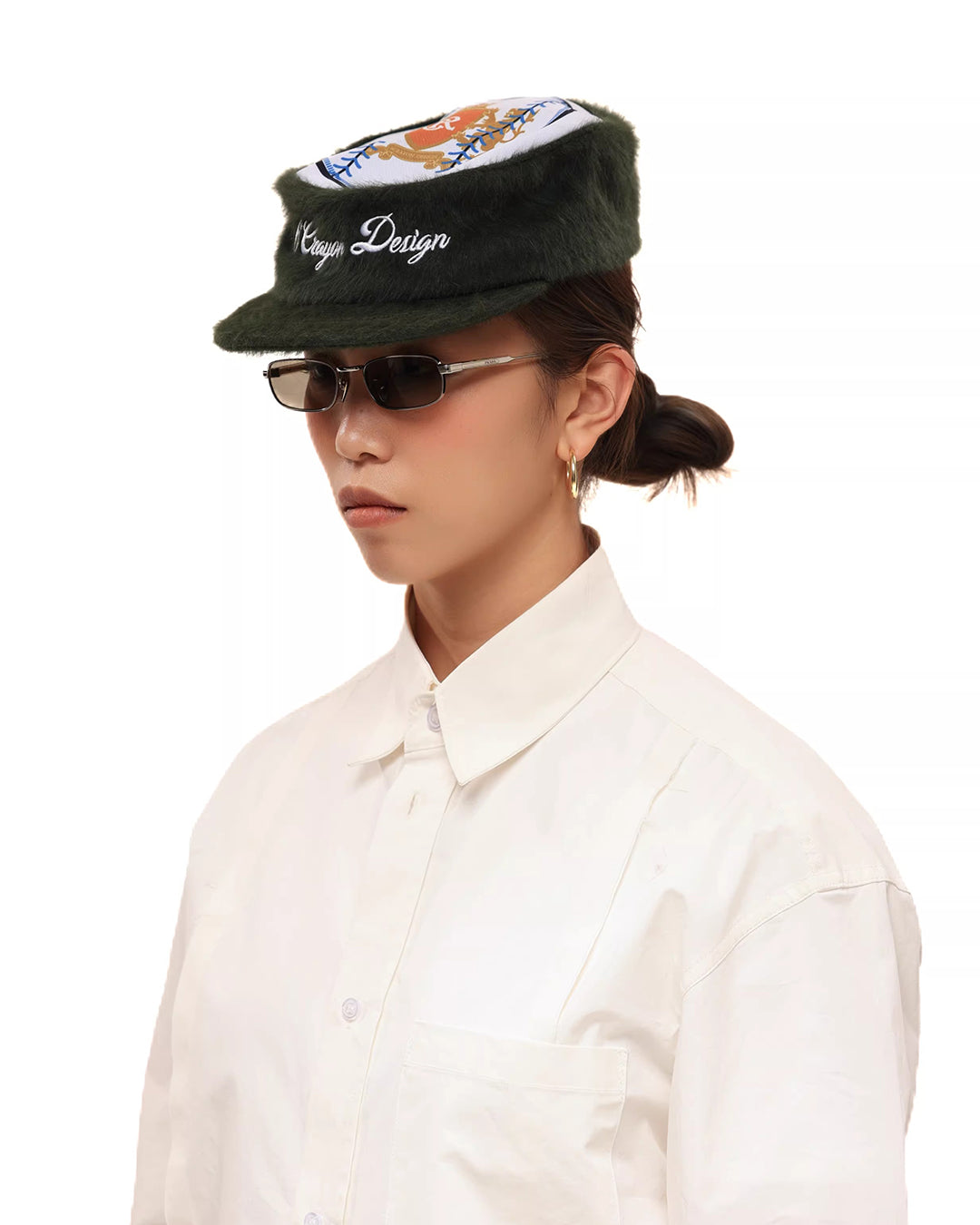 FLAT TOP EMBROIDERED RABBIT FUR PATCHWORK BASEBALL CAPS - OLIVE