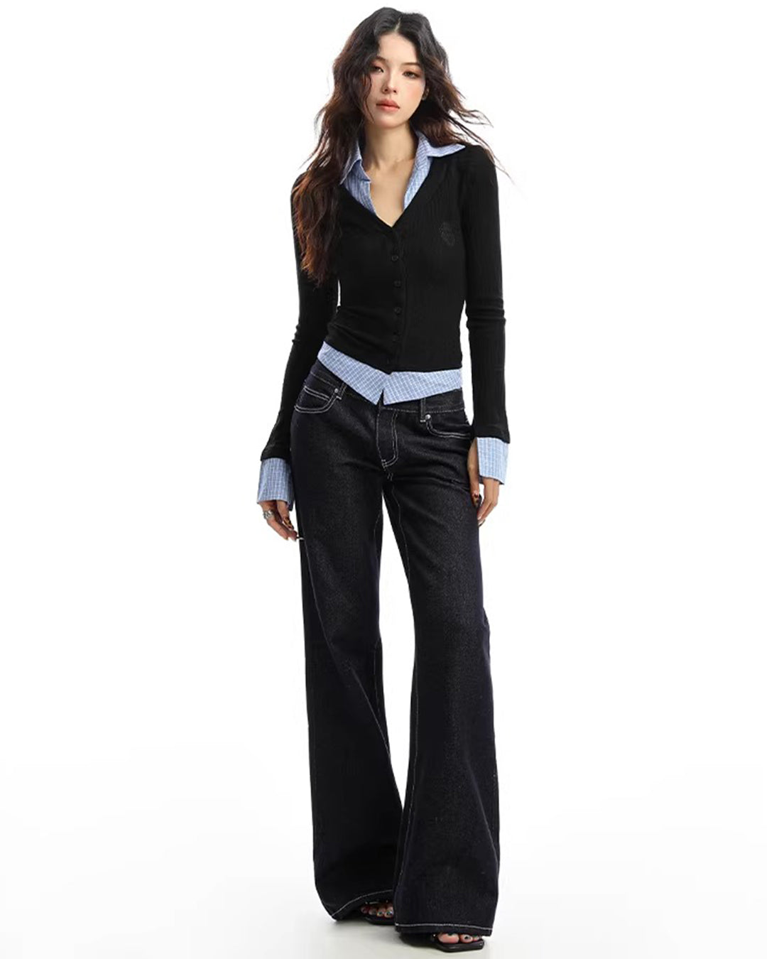 PLAID FAUX TWO-PIECE COLLARED KNIT TOPS