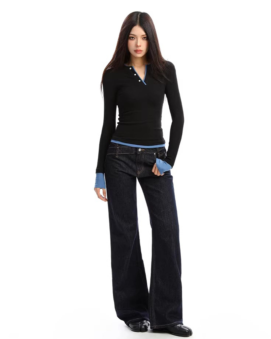 FAUX TWO-PIECE HENLEY V-NECK TOPS - BLACK