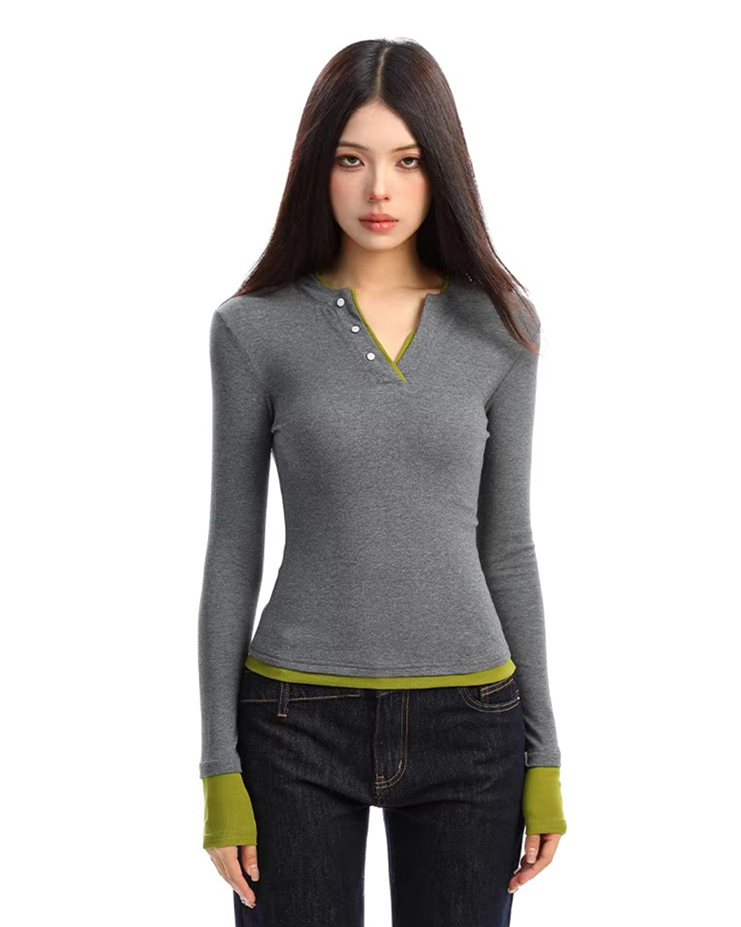 FAUX TWO-PIECE HENLEY V-NECK TOPS - GREY