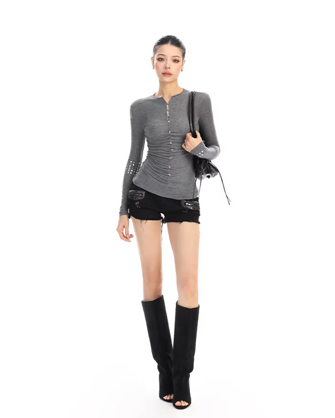 RHINESTONE BUTTON SLIM-FIT TOPS - GREY