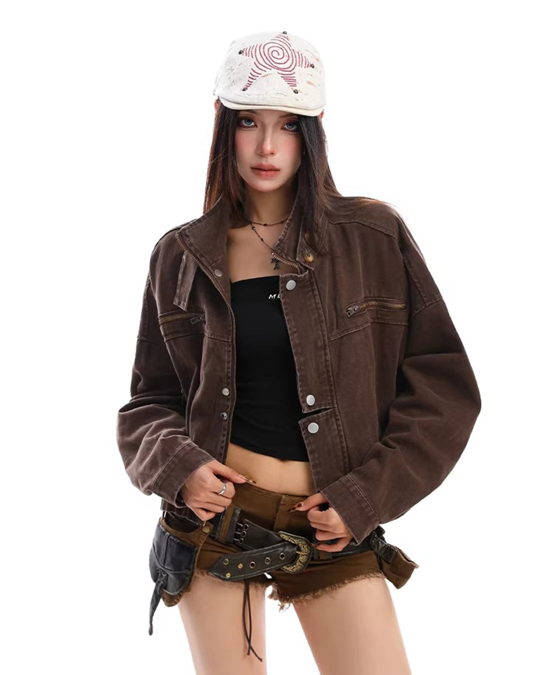 WASHED DISTRESSED CARGO DENIM JACKETS - BROWN