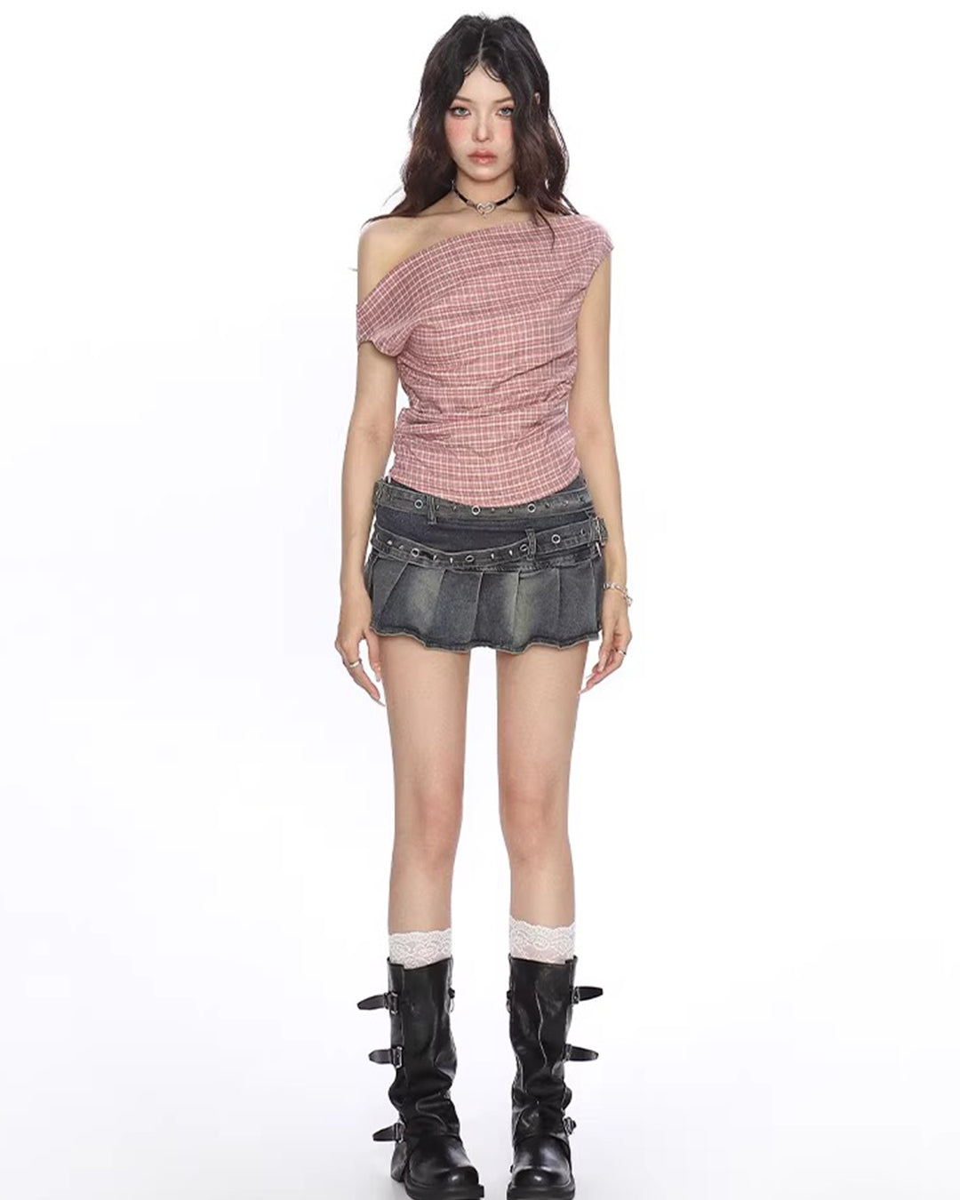 PLAID OFF-SHOULDER WAISTED T-SHIRTS - PINK