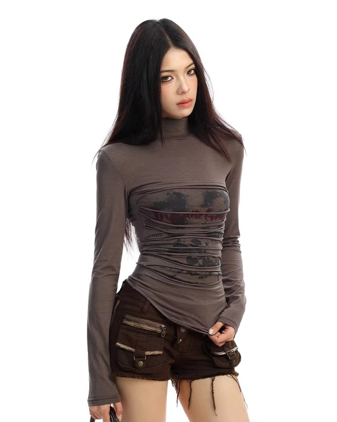 DISTRESSED GRAPHIC TURTLENECK TOPS - COFFEE